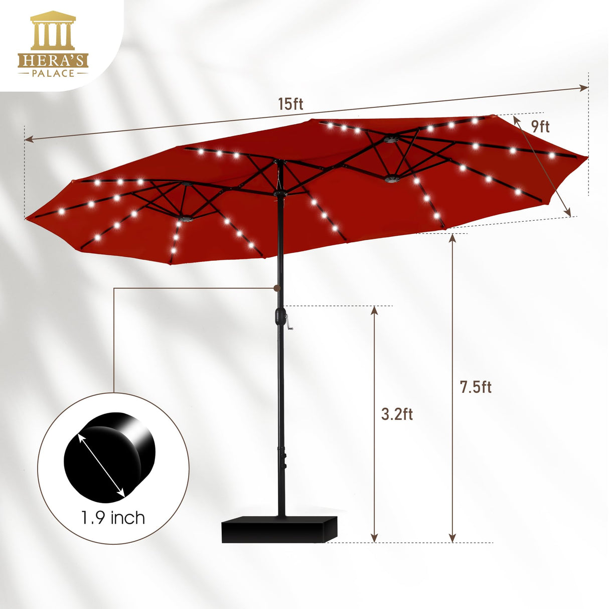 15ft Patio Umbrella with 36 LED Solar Lights, Double Sided Outdoor Umbrella for Patio,