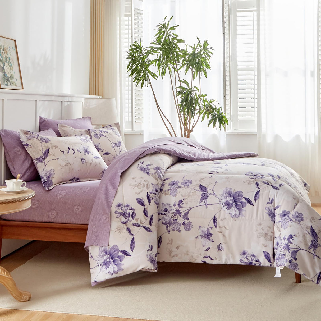 7-Piece Queen Size Bed in a Bag Comforter Set - Lilac Purple Floral Ensemble