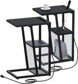 Side Table, C Shaped Nightstand End Table with Charging Station and Phone Holder