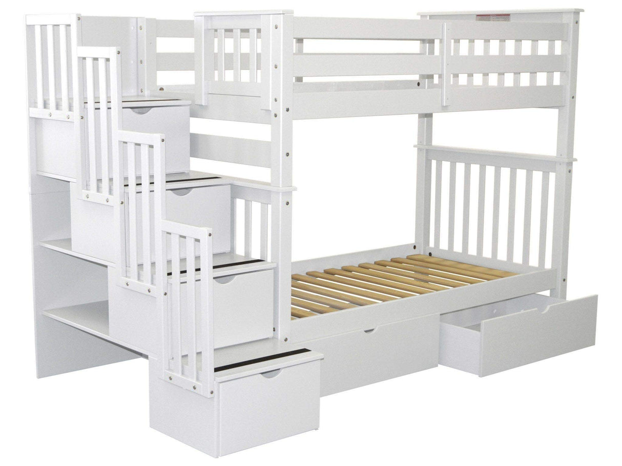 Bedz King Tall Stairway Bunk Beds Twin over Twin with 4 Drawers in the Steps and 2 Under Bed Drawers, White