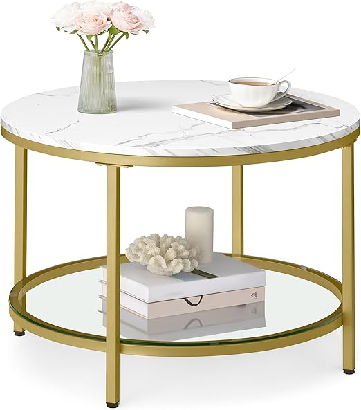 Round Coffee Table, Small Coffee Table with Faux Marble Top and Glass Storage Shelf,