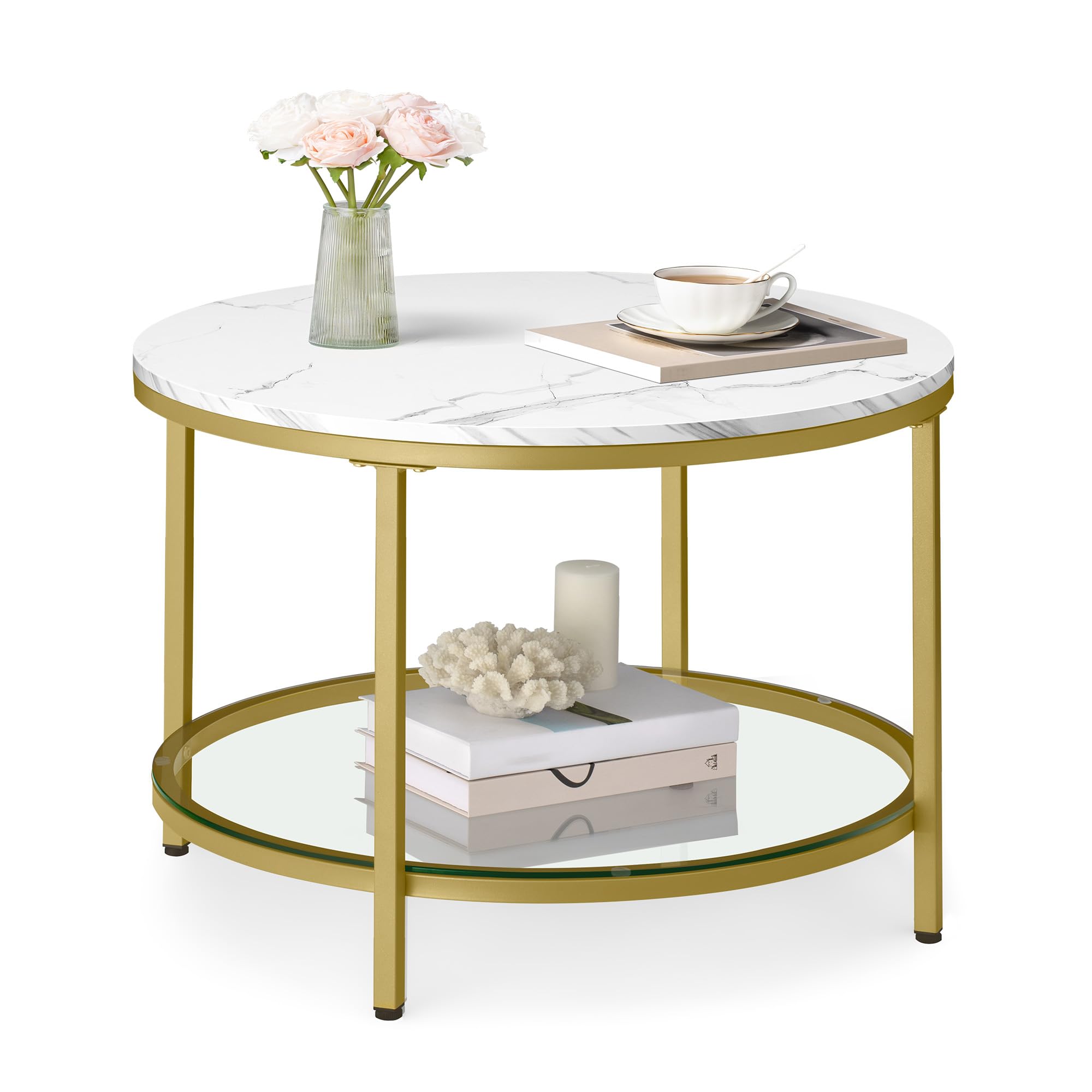Round Coffee Table, Small Coffee Table with Faux Marble Top and Glass Storage Shelf