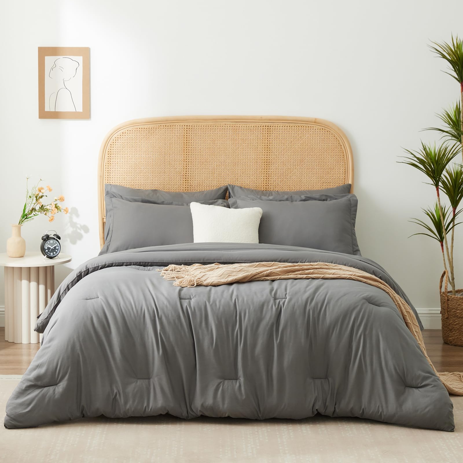 Queen Comforter Set -Dark Grey Bed in a Bag,7 Pieces Comforter Sets