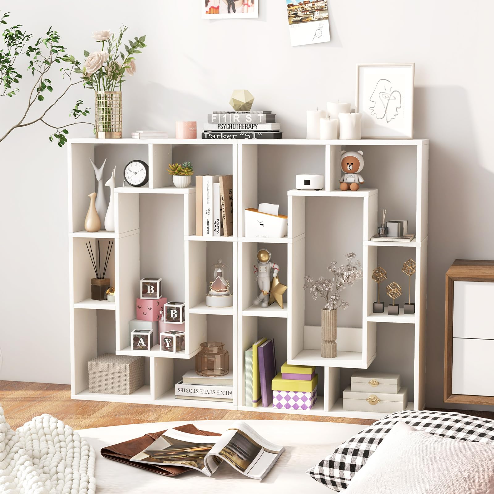 35.5” Geometric Bookshelf, Freestanding Wood Open Bookcase with 7 Cubes, Anti-Toppling Devices, Home Office Décor Rectangular Storage Shelf Display Rack for Study Living Room (1, White)