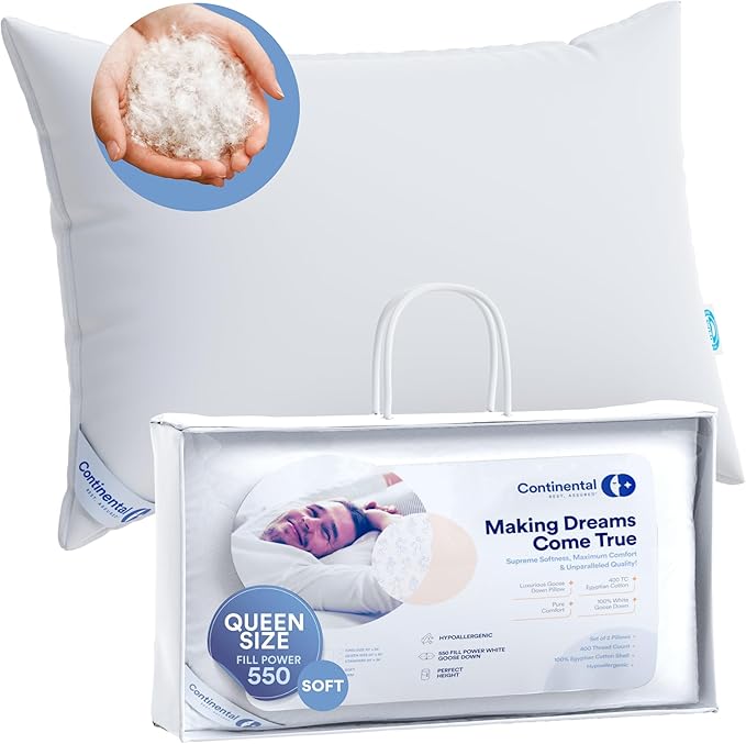 Luxury Down Pillow Set for Father's Day: Queen Size Pack of 1 Soft Pillow + Queen Pillow Protector - Family Made in New York - 550FP Soft