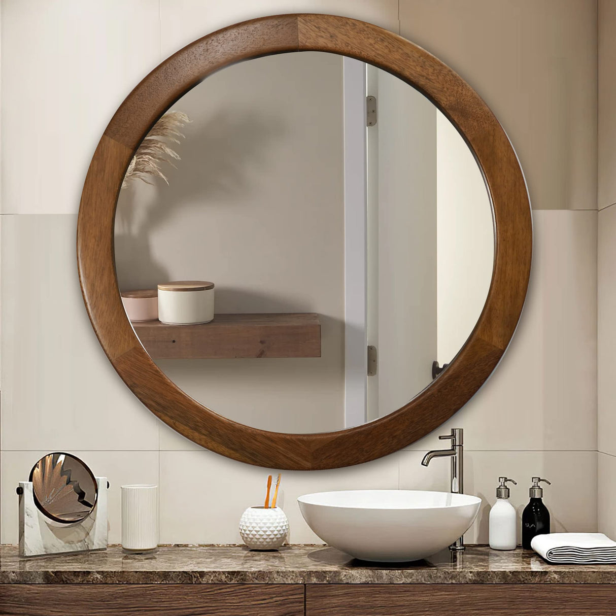 Round Mirrors 30 Inch,Wood Vanity Wall Rustic Mirror with Walnut Frame, Wooden Mirror