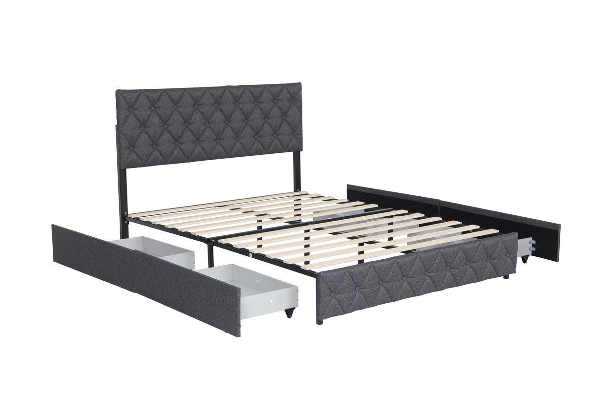 Full Size Upholstered Platform Bed Frame with Adjustable Headboard & 4 Storage Drawers