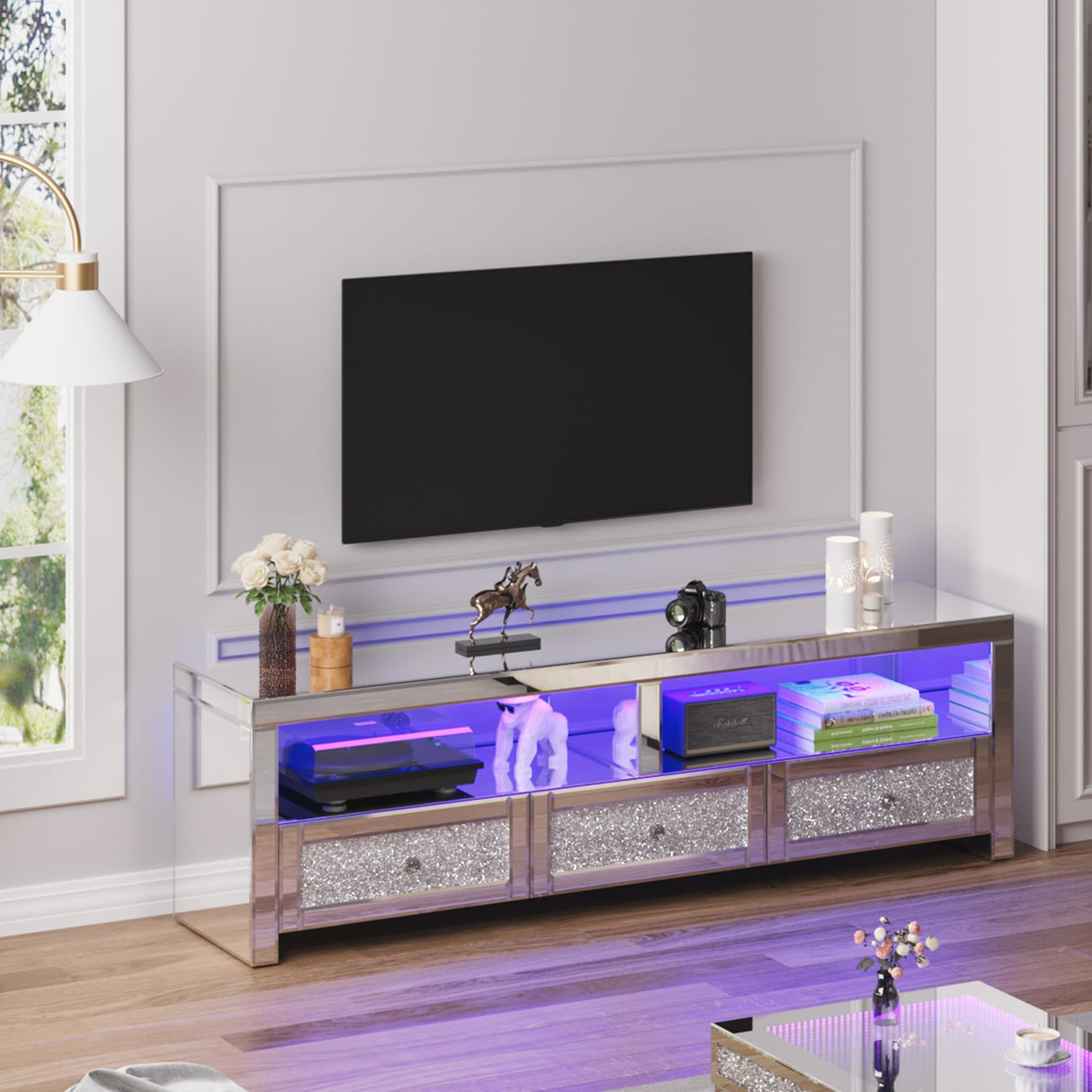 Mirrored TV Stand with LED Light for TVs up to 60”, Modern LED TV Stand