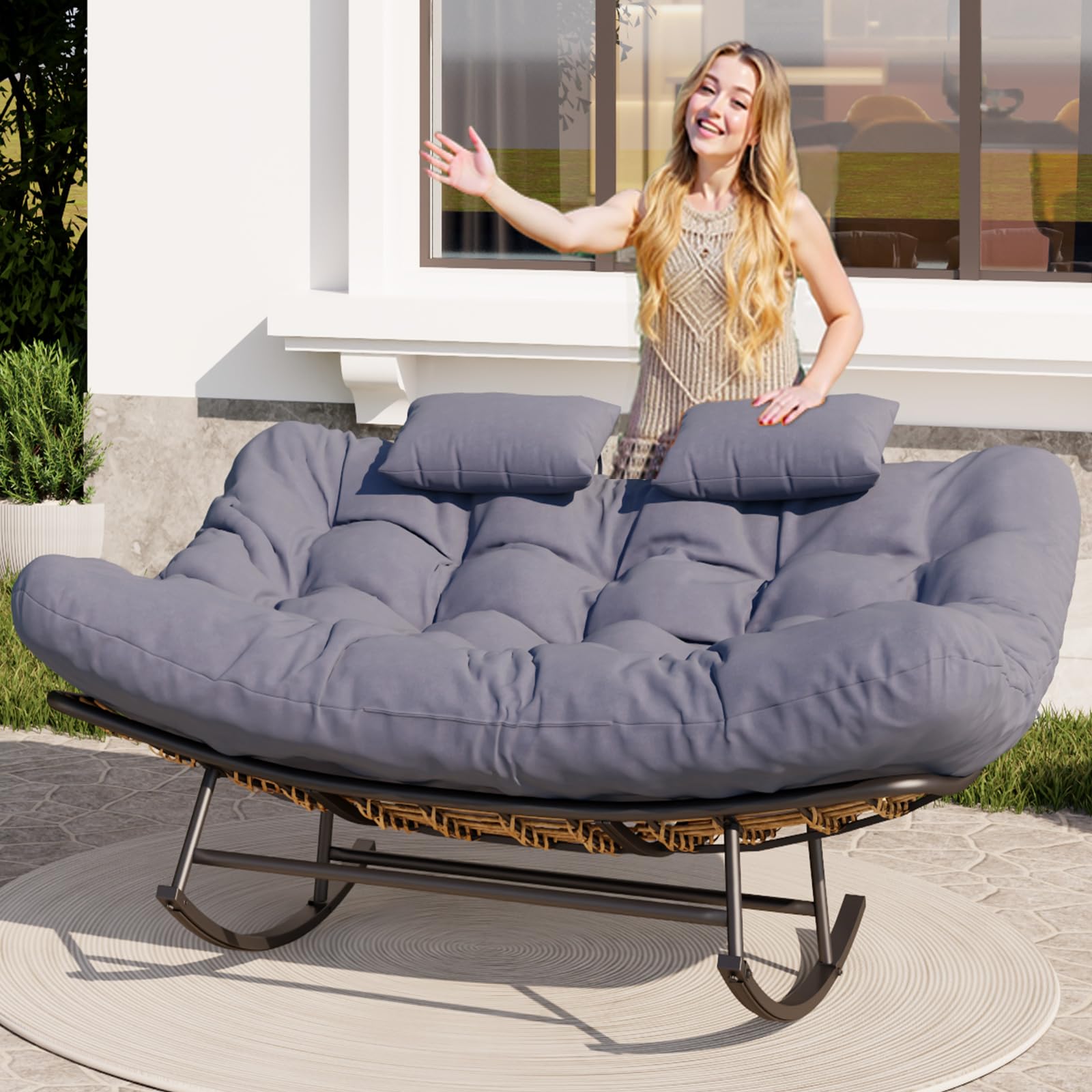 Oversized Outdoor Rocking Papasan Chair,Double Patio Rocking Chair for 2-Person