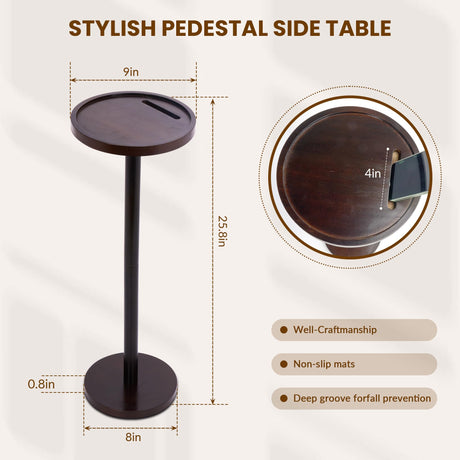 GENMOUS Small Round Pedestal Side Table, End Table with Phone Holder, Vintage Pine Side Table with a 9 inch Top, Drink Table/Night Stand/Beside Table for Samll Spaces, Living Room, Bedroom