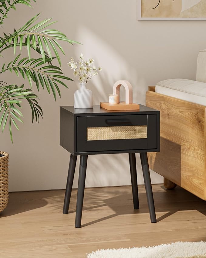 Bedroom Nightstands Wooden Night Stands with Rattan Weaving Drawer Home Bedside End Table for Bedroom Storage