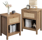 Rattan Nightstands Set of 2, Farmhouse Night Stands with Drawer Bedside Table