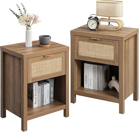 Rattan Nightstands Set of 2, Farmhouse Night Stands with Drawer Bedside Table