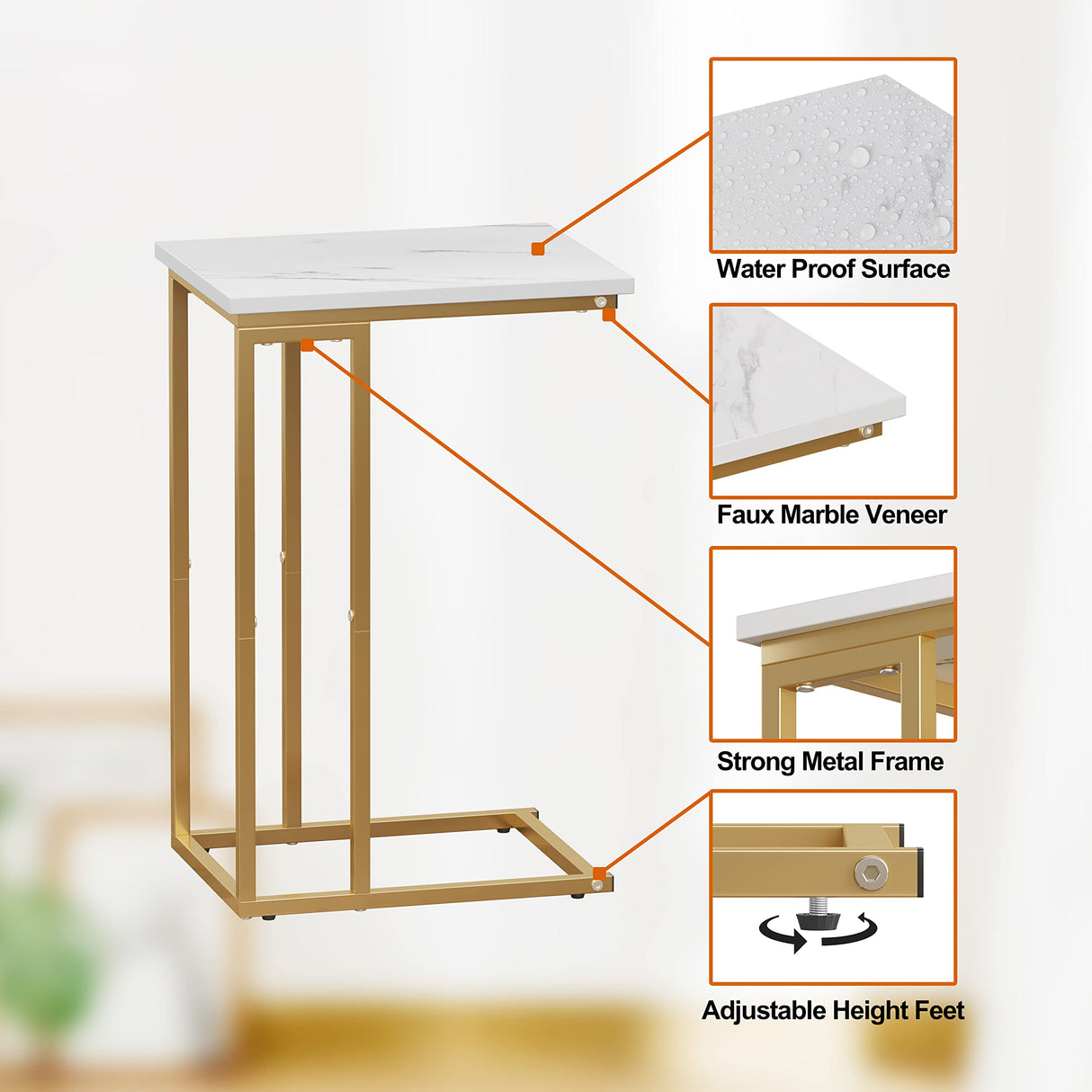 C Shaped Side Table, Narrow Sofa End Table, Small Coffee Snack Table