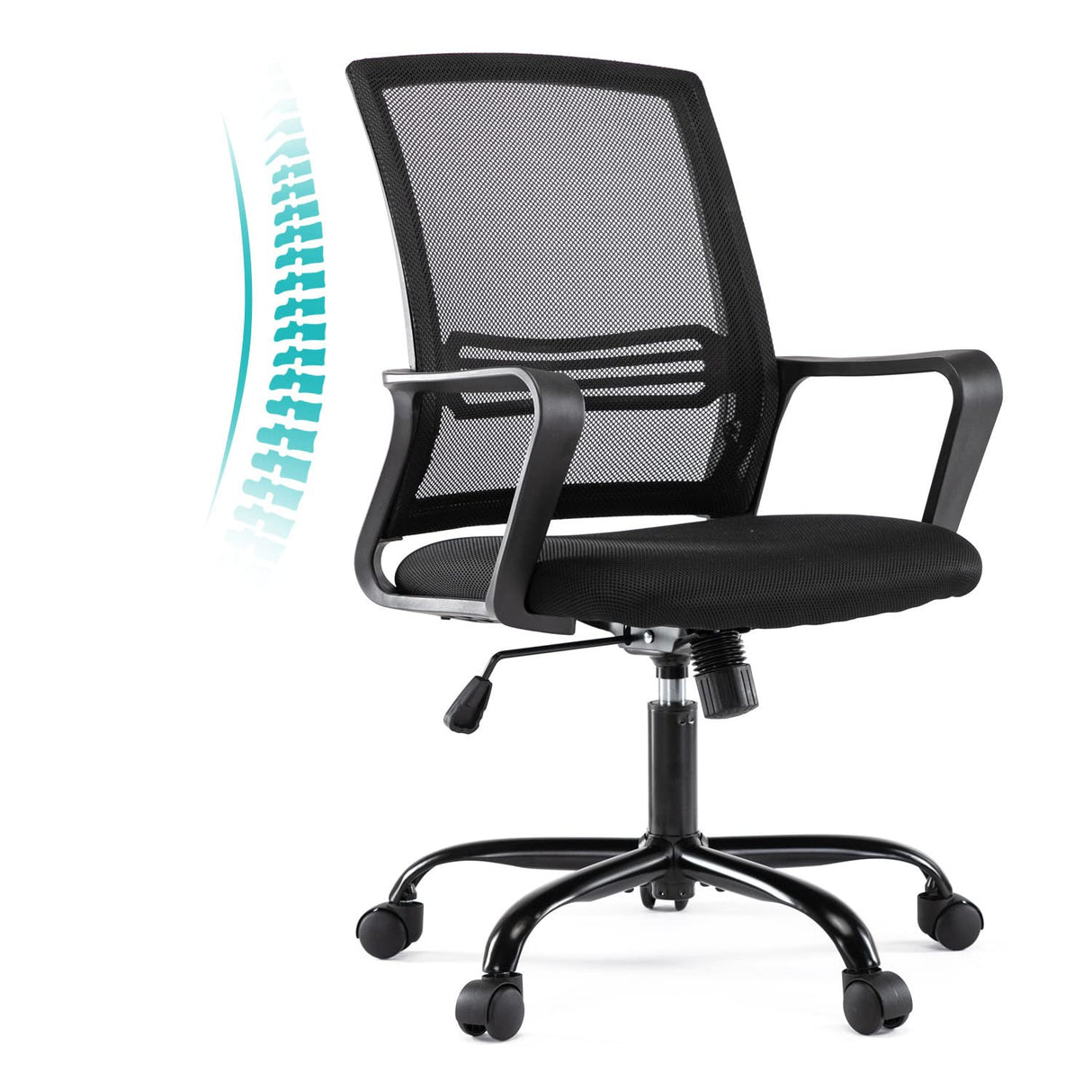 Ergonomic Computer, Home Wheels, Mid Back Mesh Office Desk Rolling Swivel Task Chair with Lumbar Support Armrests, Black