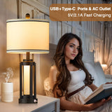 Modern Table Lamps for Living Room, Industrial Beside Lamps with USB A+C Charging Ports & AC Outlet, Rustic Nightstand Lamp with Glass Night Light for Bedroom End Table Entryway Black(4 Bulb Included)