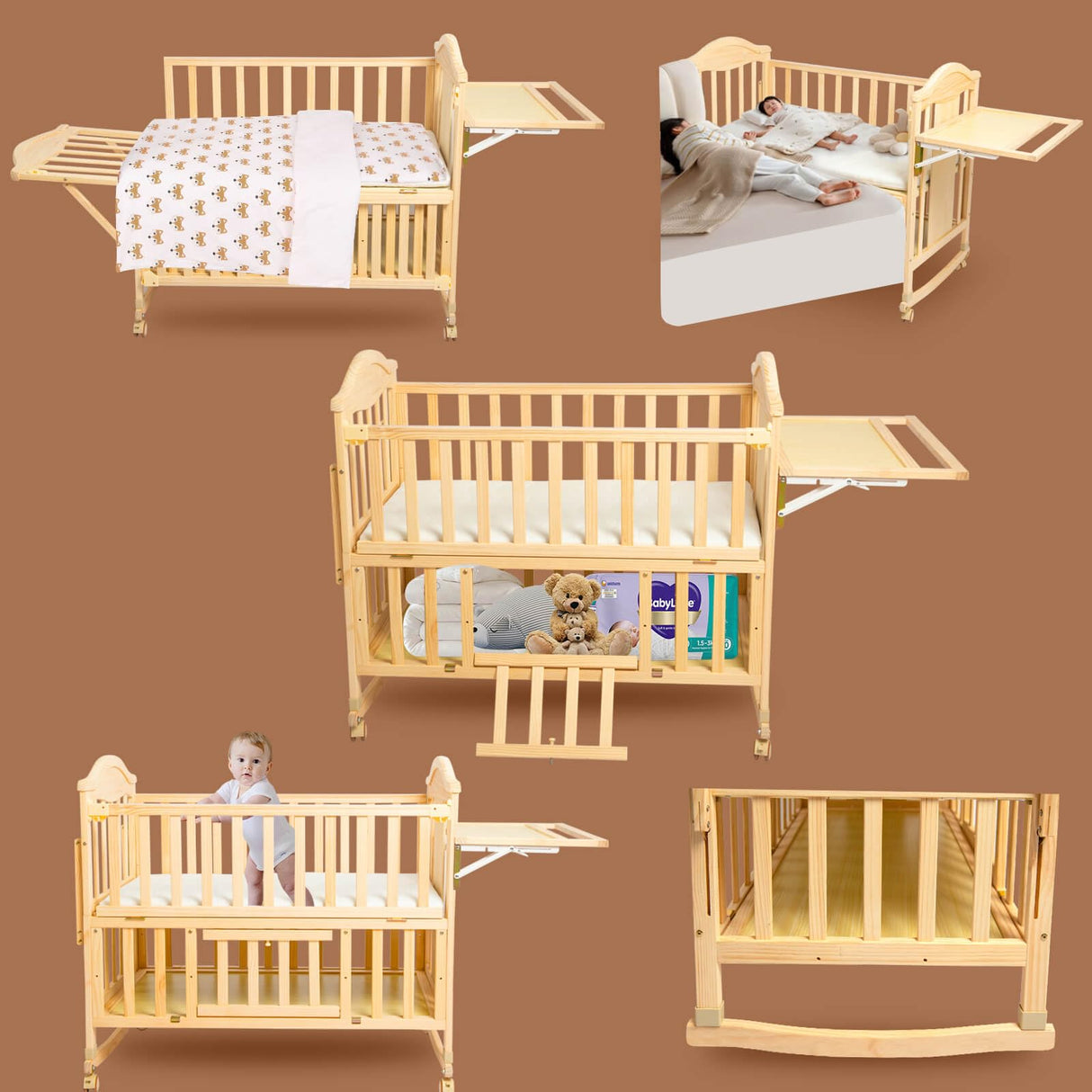 Baby Cribs 4-in-1 Convertible - Cunas para Bebes with Changing Shelf and Mattress Included,2024 Wood Baby Bassinets Bedside Crib Sleeper,Unpainted