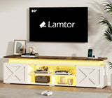 Farmhouse TV Stand for 80 Inch TV with RGB Lighting and Power Outlets