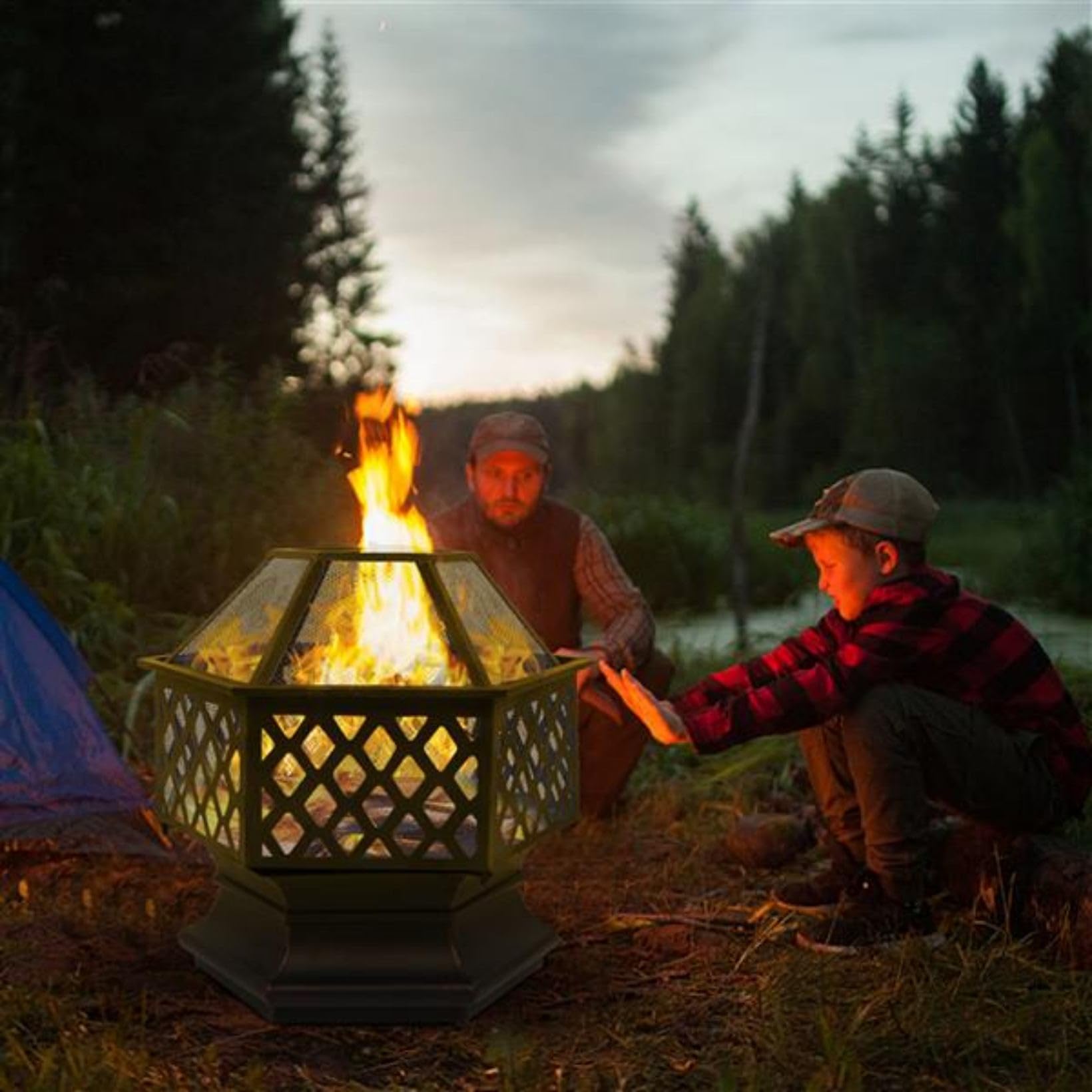 Wood Burning Fire Pits, 22" Hexagonal Shaped Iron Brazier, Wood Burning Fireplace