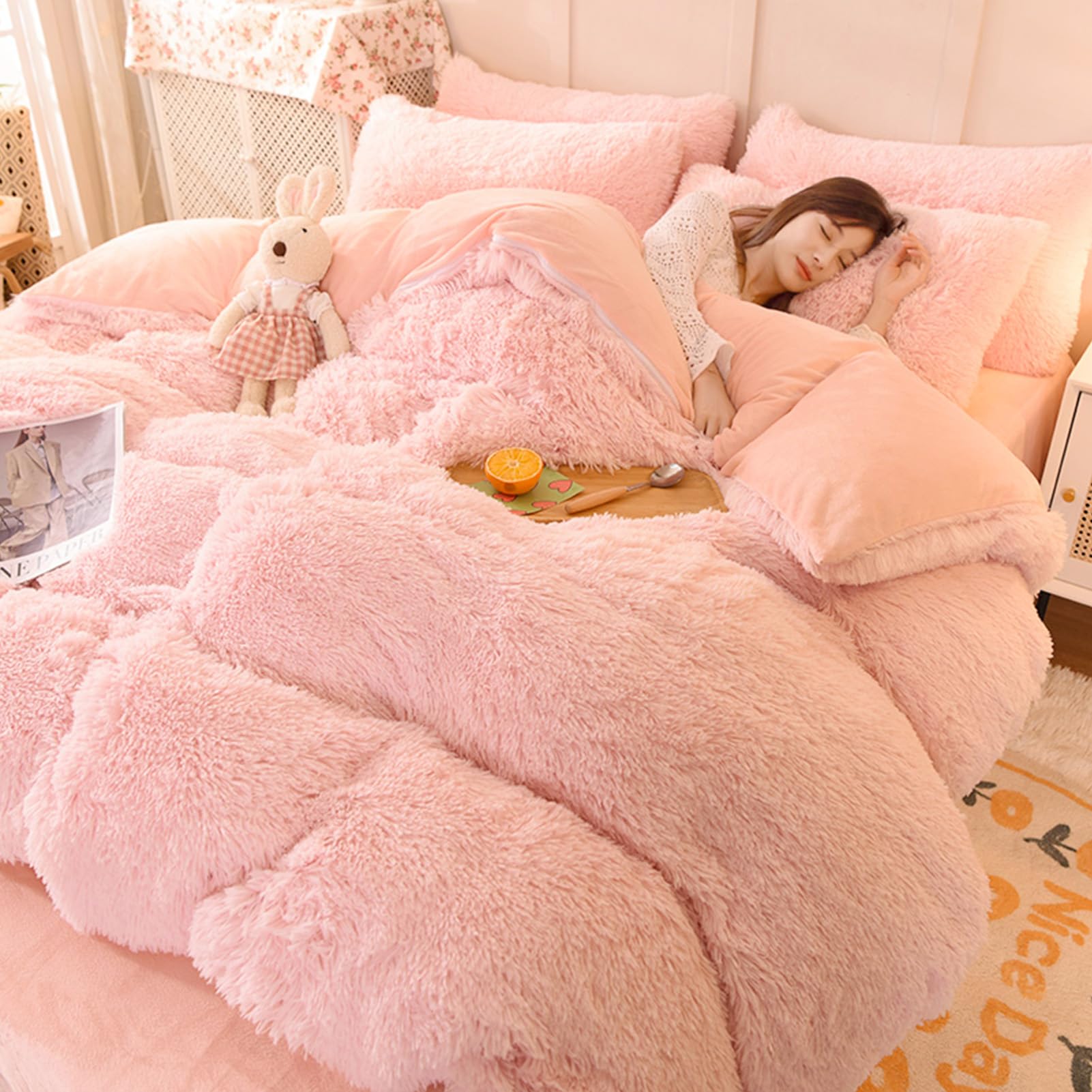 Fluffy Plush Duvet Cover Full Size, Luxury Shaggy Ultra Soft Bedding Set, 3 Pieces Warm