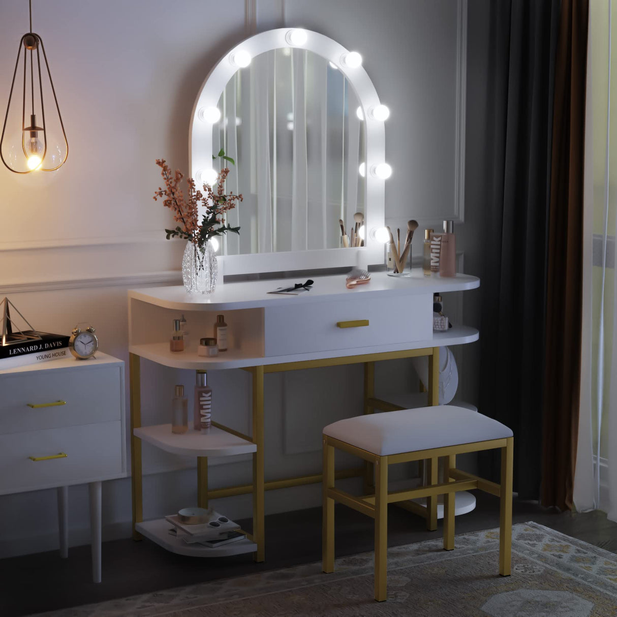 White Vanity Desk with Mirror and 9 LED Light Bulbs, Makeup Vanity Desk with Drawers and Stool