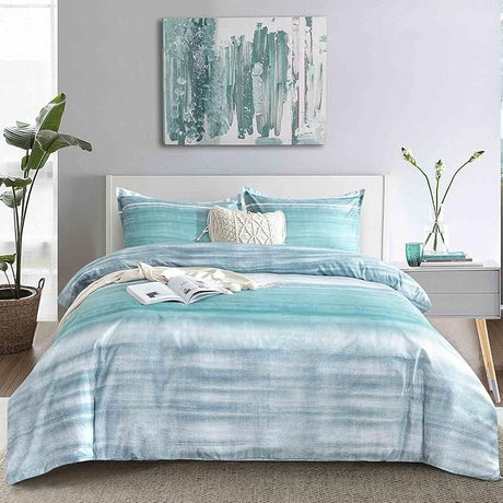 King Size Comforter Set, Blue, Grey and Teal Striped Pattern Print Reversible Down