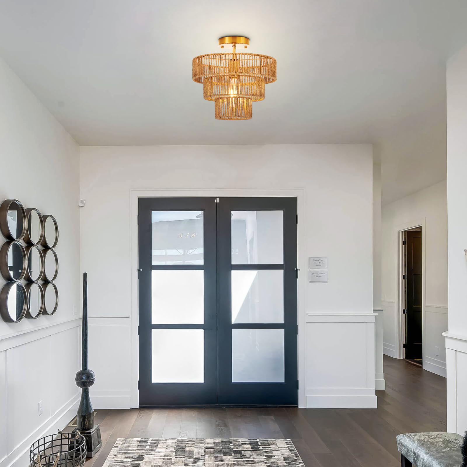 Hand-Woven Rattan Semi Flush Mount Ceiling Light Fixture Vintage Farmhouse Boho