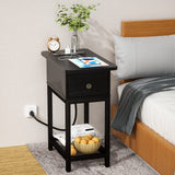 Side Table Night Stands End Table with Charging Station Drawers Narrow Side Table Living