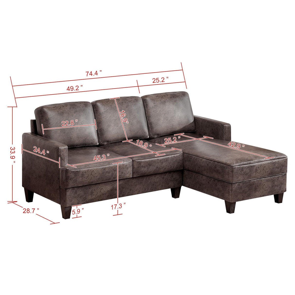 72 inch L Shaped Couches, 3 Seater Sectional Sofa with Chaise Lounge