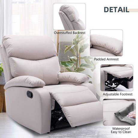 hzlagm Manual Recliner Chairs for Adults, Small Recliners for Small Spaces, PU Leather Recliner Chair, Single Sofa Living Room Chair for RV, Beige