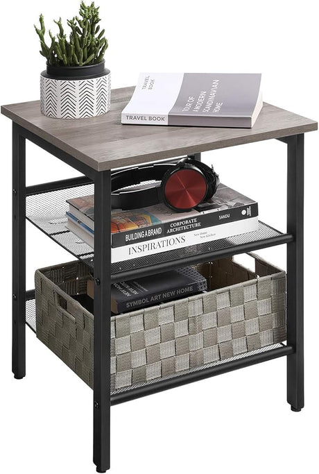 End Table, Nightstand with 2 Adjustable Mesh Shelves, Industrial Side Table