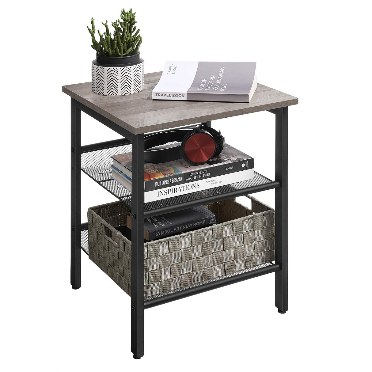 INDESTIC End Table, Nightstand with 2 Adjustable Mesh Shelves, Stable Metal Frame