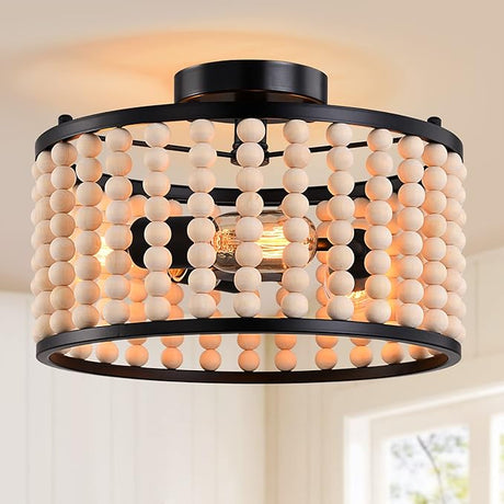 Boho Light Fixture, 3-Light Wood Beaded Chandelier, White Semi-Flush Mount Ceiling