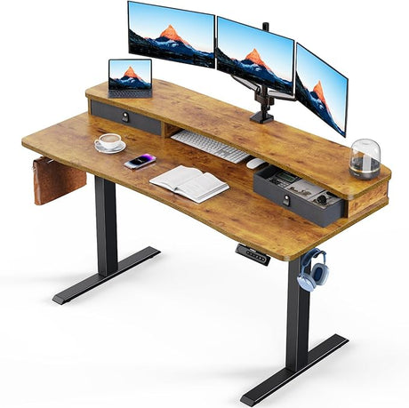 48″ x 24″ Electric Standing Desk with 2 Drawers, C-Clamp Mount Compatible, Height Adjustable Computer Desk, Home Office Stand Up Desk with 4 Preset Heights & 2 Hooks, Black