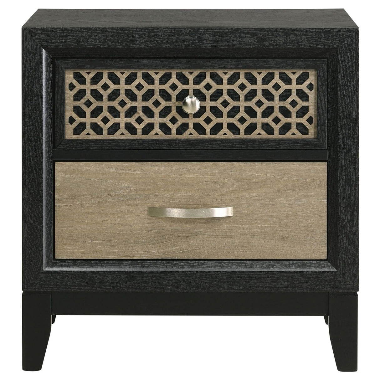 AKI 25 Inch Nightstand, 2 Drawers, Geometric Cut Out Front, Black, Brown and Silver