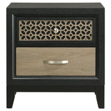 AKI 25 Inch Nightstand, 2 Drawers, Geometric Cut Out Front, Black, Brown and Silver