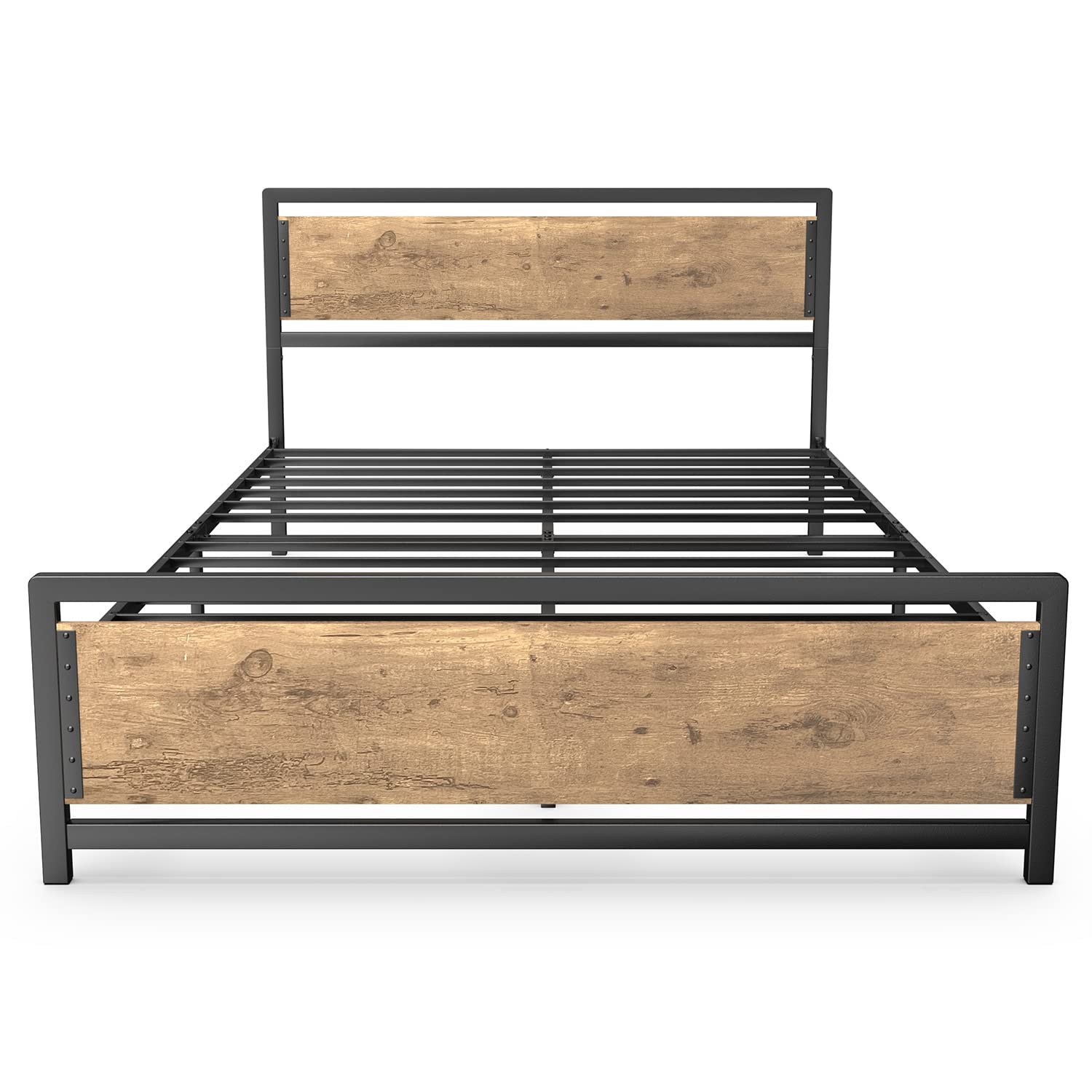 Queen Metal Platform Bed Frame with Wooden Headboard, 15 Iron Slats, Large Underbed Storage, Easy Assembly,