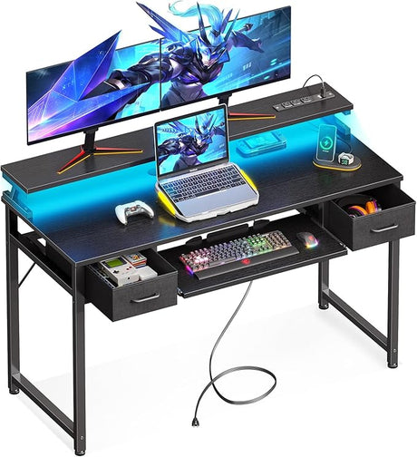 ODK Gaming Desk with Led Lights and Power Outlet, 48 Inch Computer Desk with Drawers and Keyboard Tray, PC Desk with Monitor Stand, Work Desk for Home Office, White