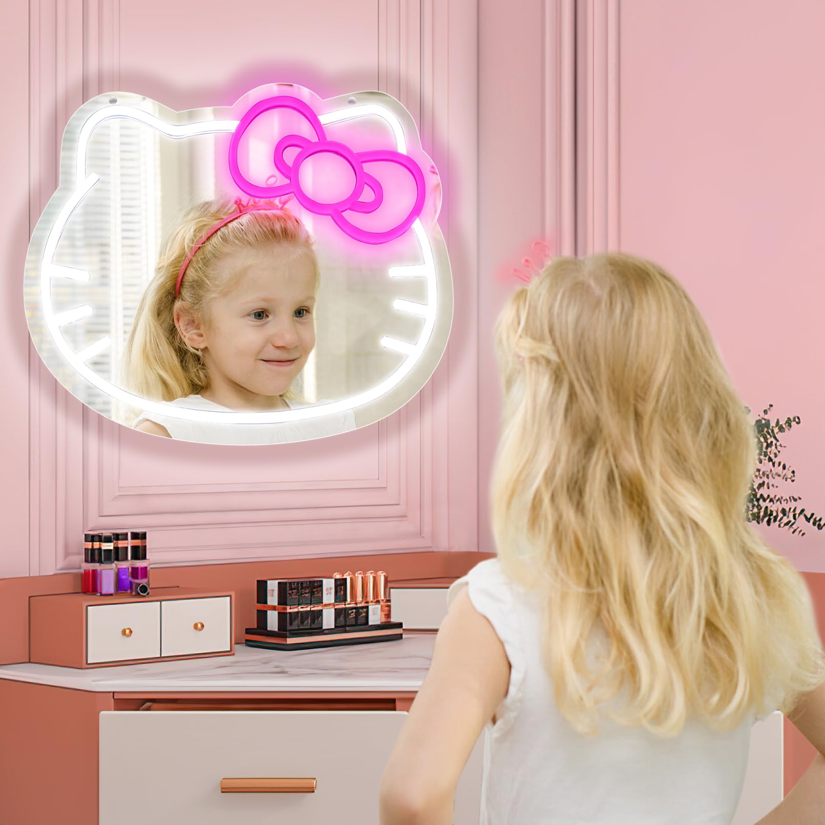 Hello Kit Vanity Mirror with Light, Dimmable LED Anime Neon Sign