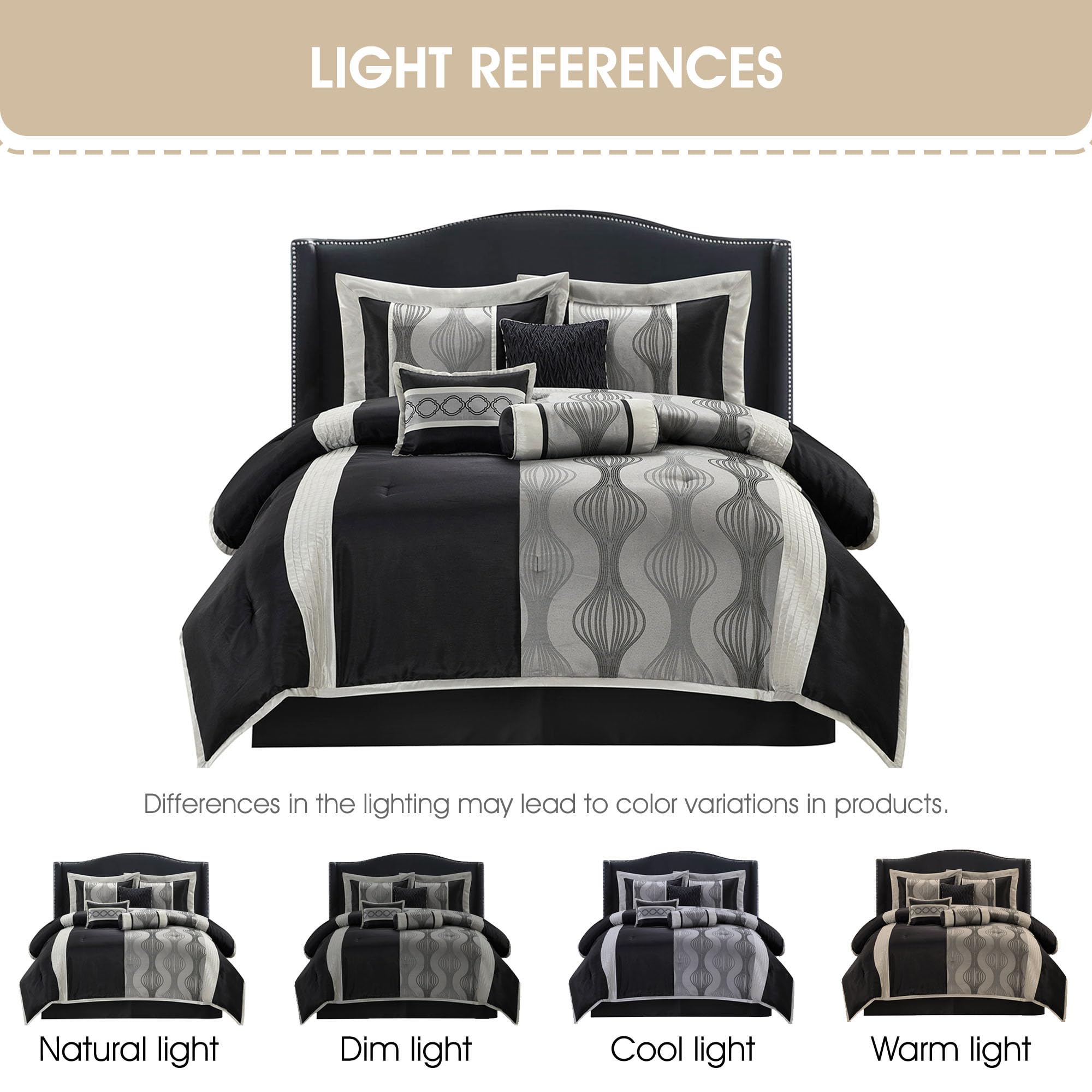 Black and Silver Striped Comforter Set - King Size 7 Piece
