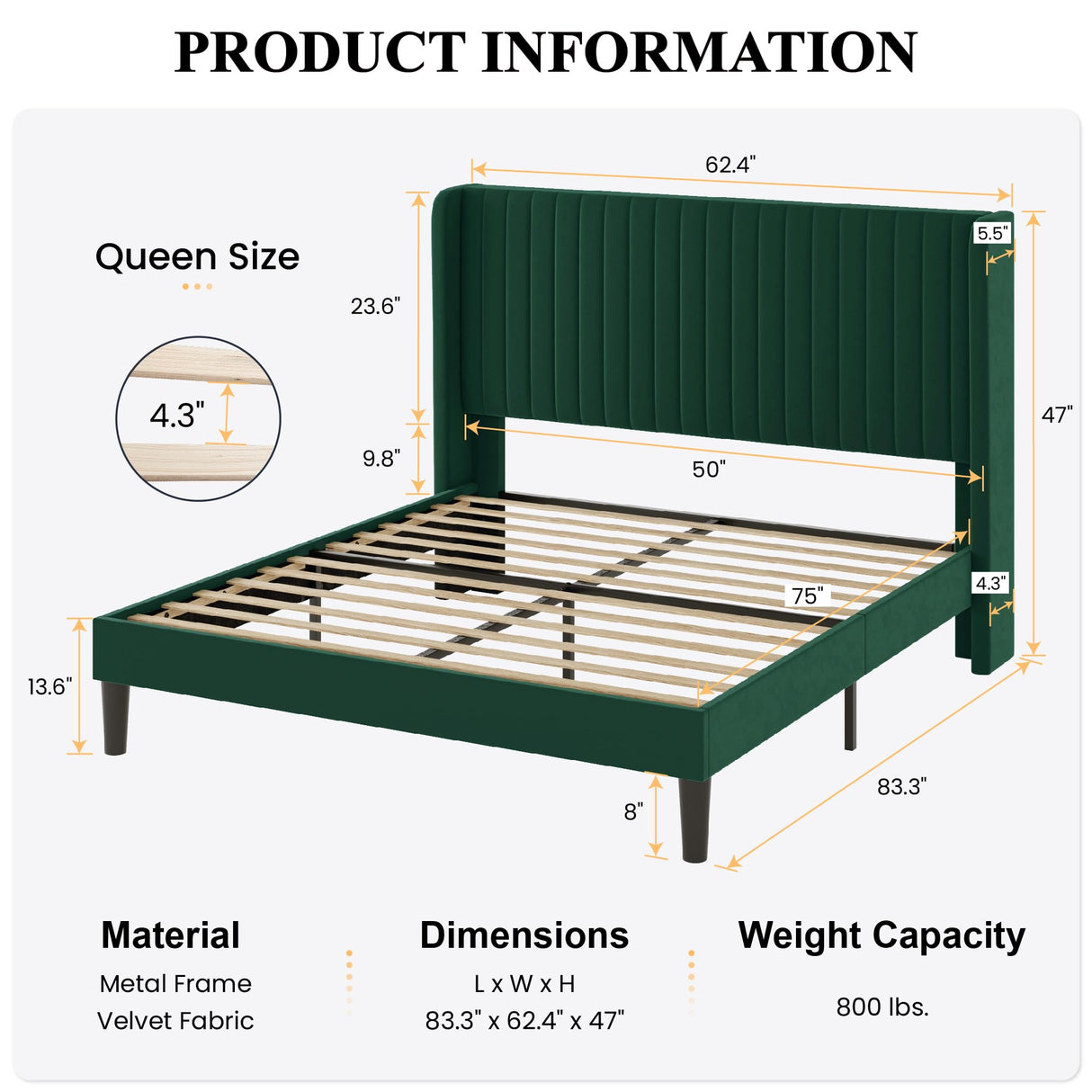 Queen Size Velvet Bed Frame with Vertical Channel Tufted Wingback Headboard,