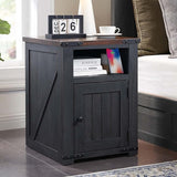 Farmhouse Nightstand with Charging Station, 20" Rustic End Table w/Barn Door, Wood