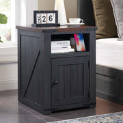 Farmhouse End Table with Charging Station, 20" Nightstand w/Groove Barn Door