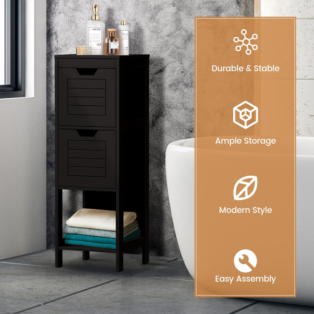 Bathroom Storage Cabinet, Freestanding Wooden Side Storage Cabinet with 2 Adjustable Drawers,