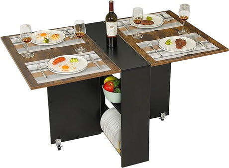 Folding Dining Table, Versatile Dinner Table with 6 Wheels and 2 Storage Racks,