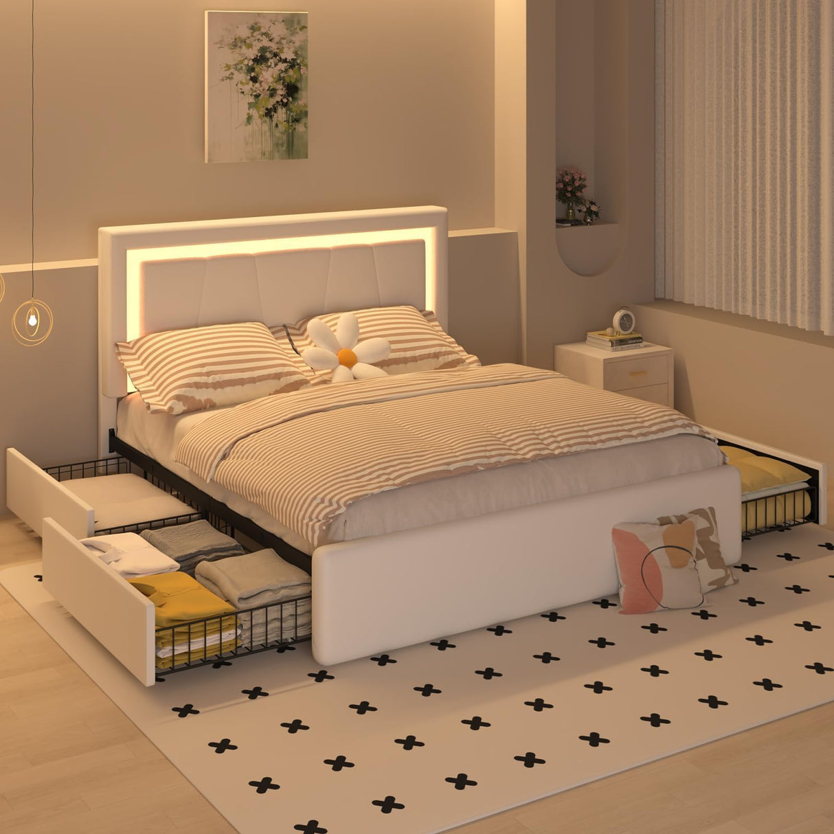 Queen Platform Bed with Storage Drawers and LED Lighting