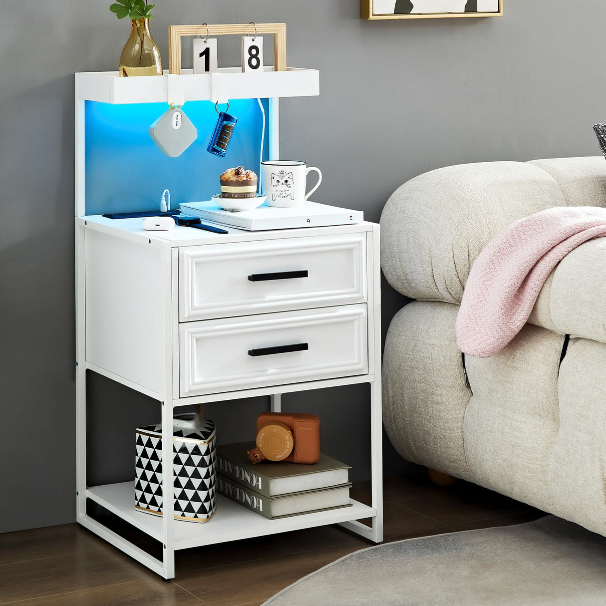 Harpaq Tall Nightstand with Charging Station, White Night Stand with Drawers, End Tables Bedroom with Led Lights, Wood Nightstand for Bedroom with Open Storage Shelves