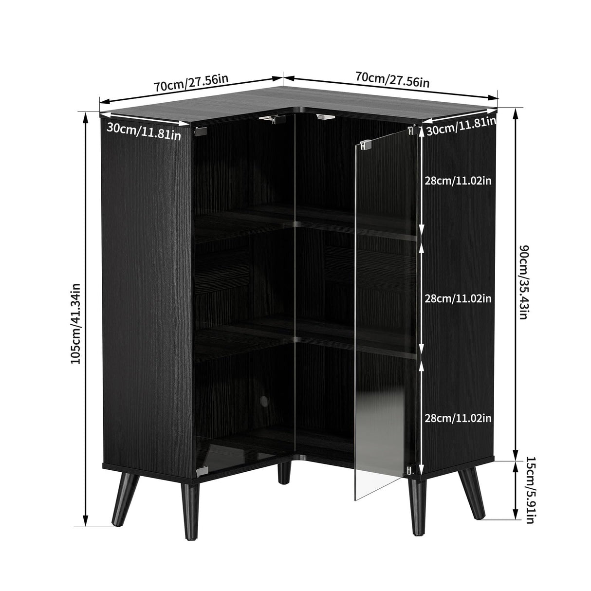 Display Case with Tempered Glass Doors,3-Tier Corner Curio Cabinet with LED Lights for Collectibles,Display Cabinet with 6 Adjustable Shelves,Kids Bookcase for Bedroom, Living Room,Black