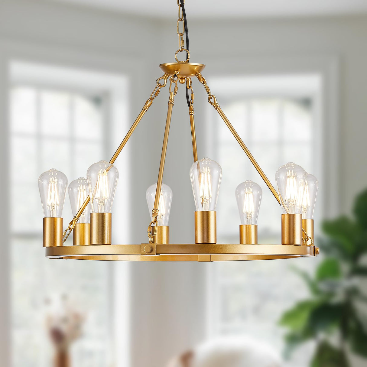 Gold Wagon Wheel Chandelier, 8 Lights Dining Room Light Fixture