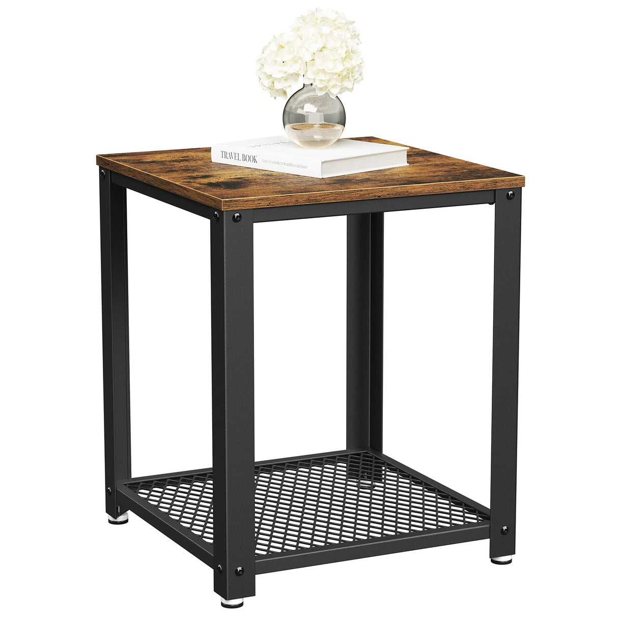 Side Table, 2-Tier Nightstand, End Table with Mesh Shelf, Steel Frame, Adjustable Feet